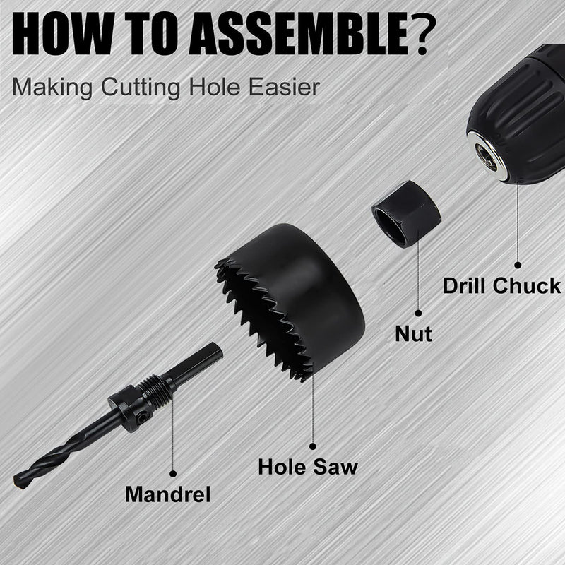 KATA 12-piece hole saw set with mandrels and hex key, ideal for drilling soft wood, PVC, plywood, and drywall.