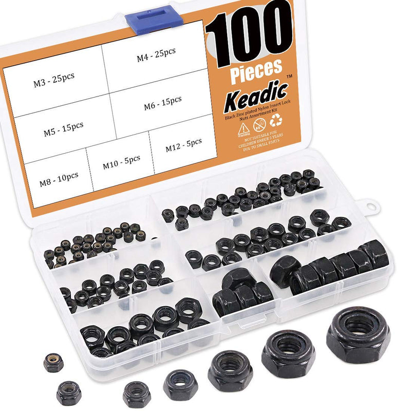 [Australia - AusPower] - Keadic 100 Pieces Metric Black Zinc Plated Nylon Insert Lock Nuts Assortment Kit for Matching Screws or Bolts - 7 Sizes：M3 M4 M5 M6 M8 M10 M12 