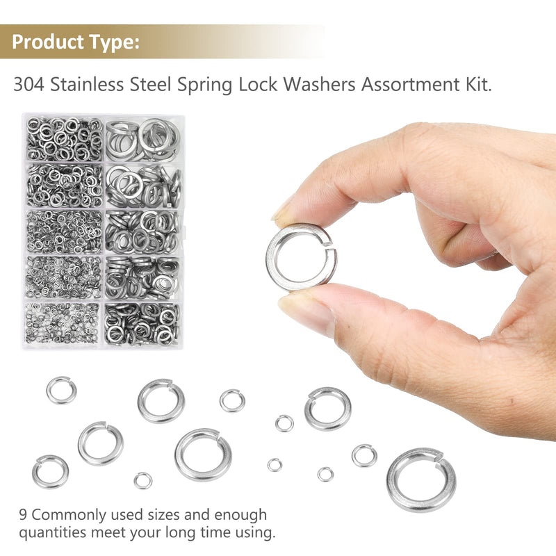 [Australia - AusPower] - 1000 Pieces 304 Stainless Steel Lock Washers, Split Lock Washers, Kindroufly 9 Sizes Spring Lock Washers, Lock Metal Washers Assortment Kit (M2 M2.5 M3 M4 M5 M6 M8 M10 M12) Silver 