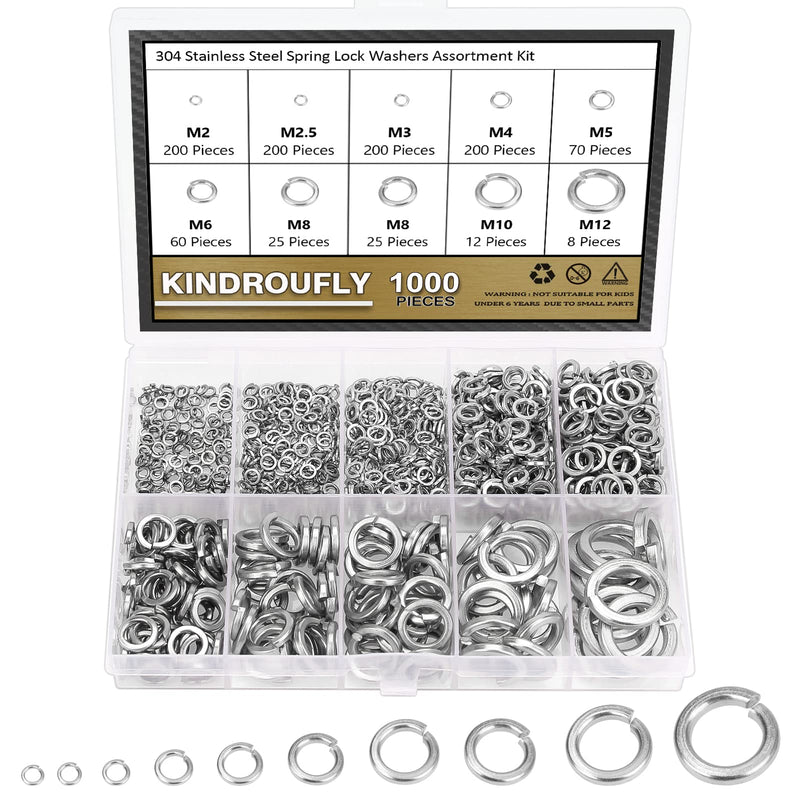 [Australia - AusPower] - 1000 Pieces 304 Stainless Steel Lock Washers, Split Lock Washers, Kindroufly 9 Sizes Spring Lock Washers, Lock Metal Washers Assortment Kit (M2 M2.5 M3 M4 M5 M6 M8 M10 M12) Silver 