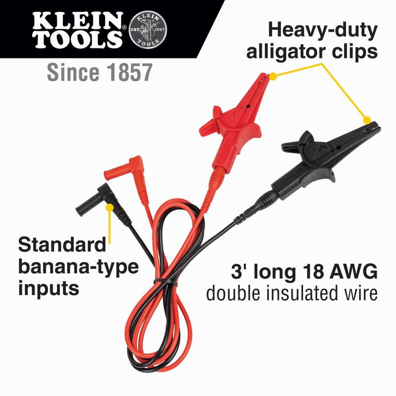 [Australia - AusPower] - Klein Tools 69381 Alligator Clip Test Leads, Heavy-Duty Replacement Meter Leads, for All Meters Using Banana Plug Meter Leads, 3-Foot 