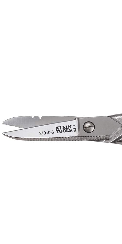 Klein Tools 21010-6-SEN free-fall snip with serrated blades, scraper, and file for precise cutting and scraping tasks.