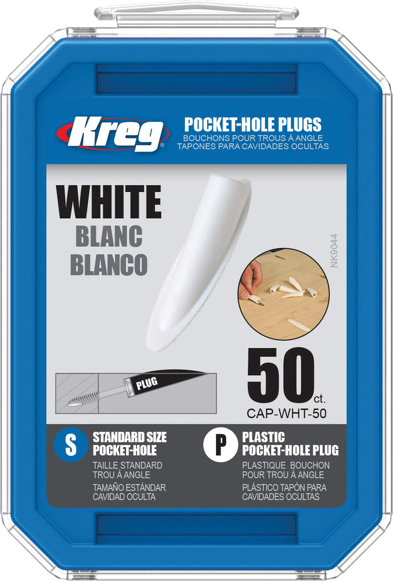 Set of 50 white Kreg plastic plugs for woodworking and furniture projects, shown in a close-up image.