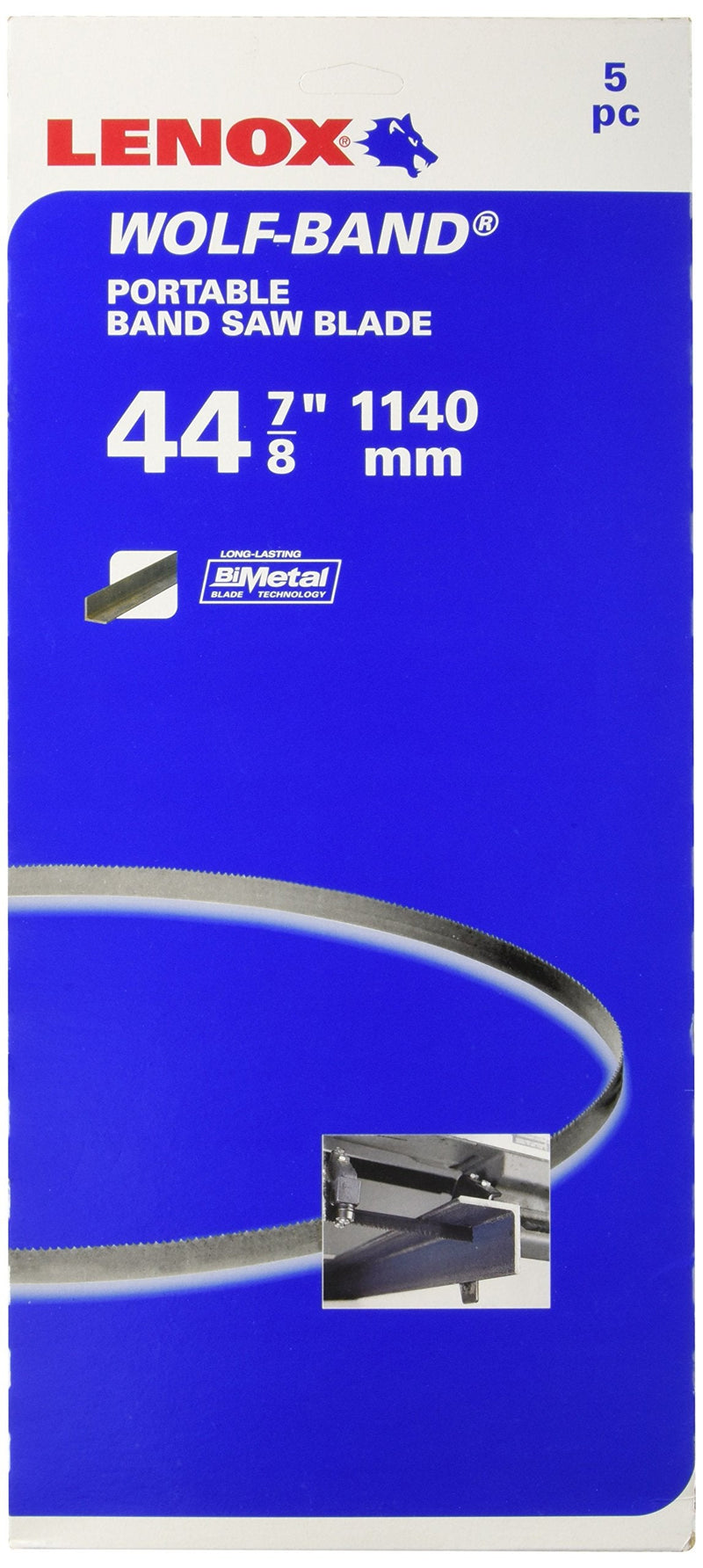 Lenox Tools portable band saw blades, 44-7/8 inches long, 1/2 inch wide, .020 inch thick, 14 TPI, 5-pack shown.