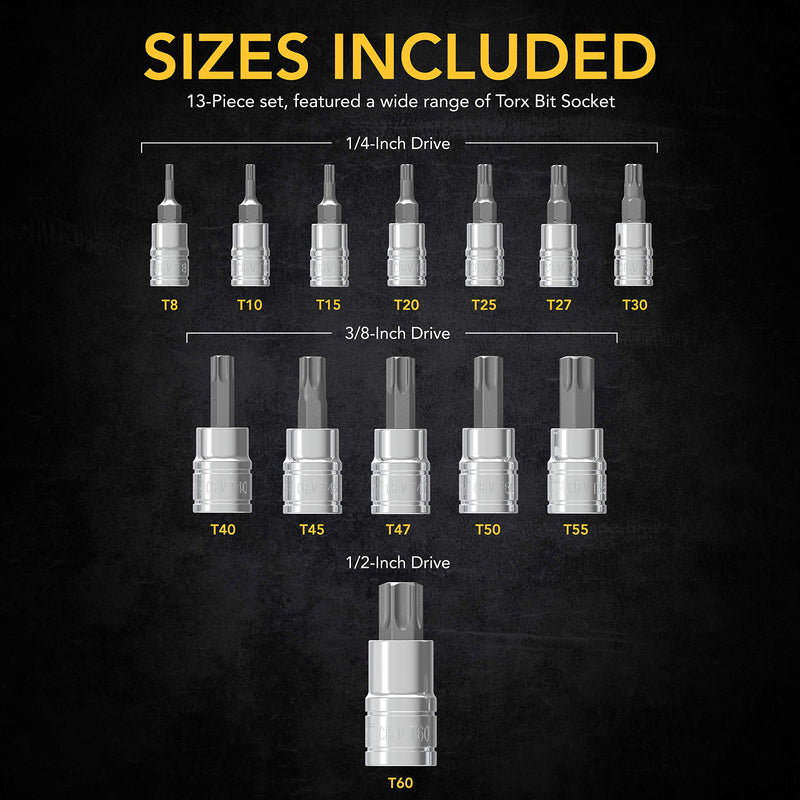 [Australia - AusPower] - LEXIVON Torx Bit Socket Set, Premium S2 Alloy Steel | 13-Piece Star T8 - T60 Set | Enhanced Storage Case (LX-143) 