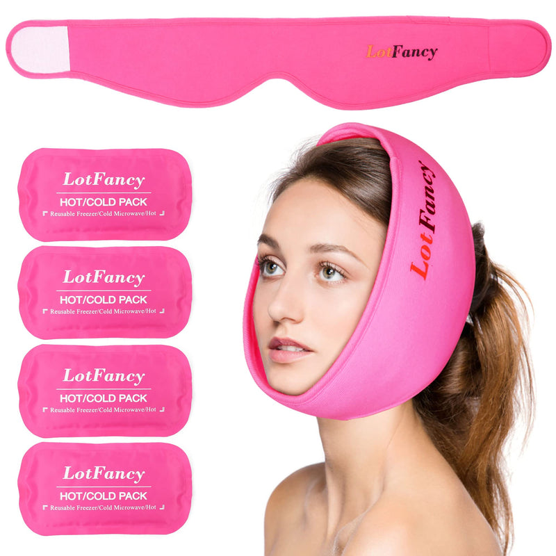 [Australia - AusPower] - LotFancy Face Ice Pack Wrap with 4 Reusable Hot Cold Therapy Gel Packs, Pain Relief for TMJ, TMD, Chin, Wisdom Teeth, Oral and Facial Surgery, Dental Implants, Pink 