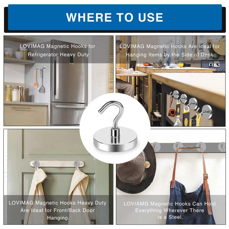 LOVIMAG Heavy Duty Magnetic Hooks 4-pack, strong 100 lb magnetic hooks for hanging tools, kitchen, office, and more.