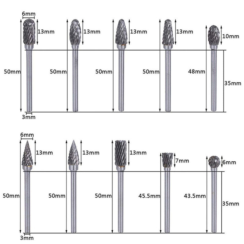 [Australia - AusPower] - Double Cut Carbide Rotary Burr Set - 10 Pcs 1/8" Shank, 1/4" Head Length Tungsten Steel for Woodworking,Drilling, Metal Carving, Engraving, Polishing 