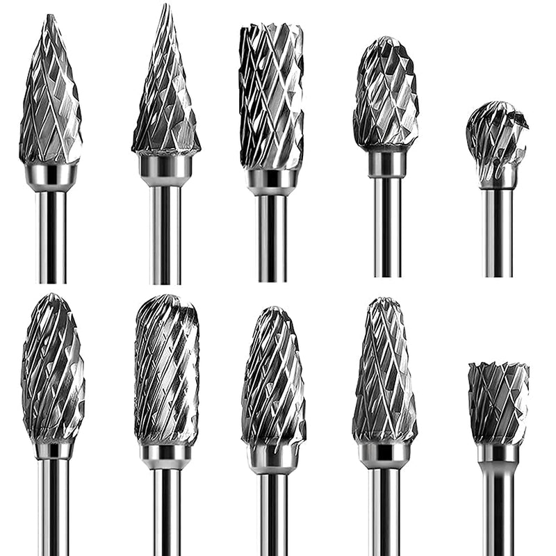 [Australia - AusPower] - Double Cut Carbide Rotary Burr Set - 10 Pcs 1/8" Shank, 1/4" Head Length Tungsten Steel for Woodworking,Drilling, Metal Carving, Engraving, Polishing 