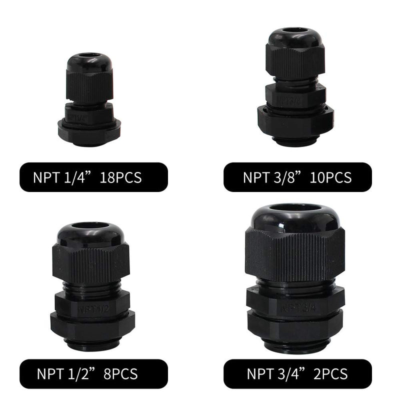 [Australia - AusPower] - MAKERELE NPT Cable Glands Kit Waterproof Adjustable Nylon 1/4” 3/8” 1/2” 3/4” Plastic Strain Relief Cord Connectors 38pcs Black With Gaskets 