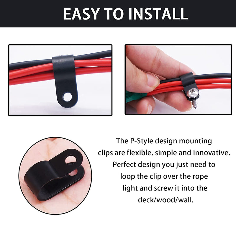[Australia - AusPower] - mankk 100PCS 1/4 Inch Rope Light Clips P-Style Mounting Clips Plastic Cable Clamps with Compatible Stainless Steel Pan Head Phillips Screws for Wire Management M-034-BK-LS Black with screw 