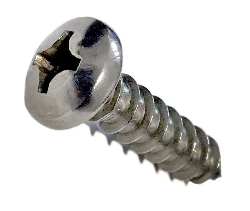 Set of 100 stainless steel pan head sheet metal screws by Marine Bolt Supply with Phillips drive and bright finish.