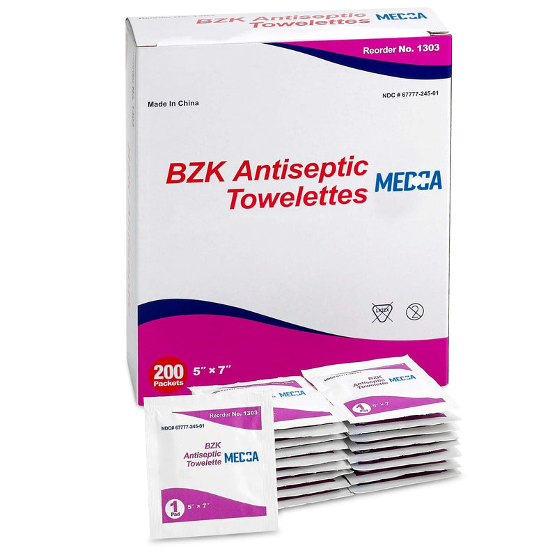 [Australia - AusPower] - Benzalkonium Chloride Towelletes Hand Wipes – (Pack of 200) Chloride Swabs Individual BZK Single-Use Packets by MEDca 5"x6" 