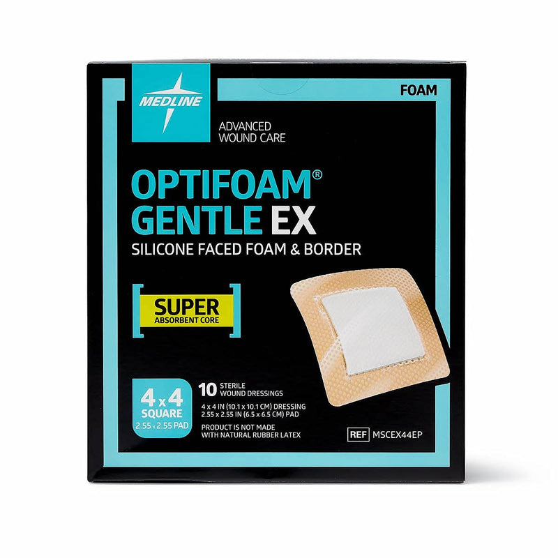 [Australia - AusPower] - Medline Optifoam Gentle EX Bordered Foam Adhesive Dressing, 4" x 4" Square (10 Count) 4" X 4" Box 