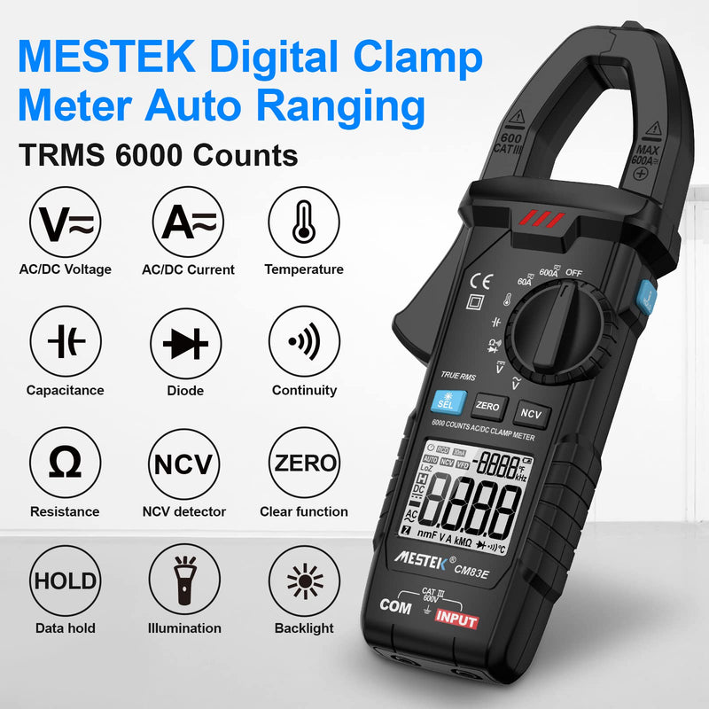 [Australia - AusPower] - MESTEK Digital Clamp Meter Multimeter T-RMS 6000 Counts, AC/DC Current and AC/DC Voltage Tester with Amp, Volt, Ohm, Temperature, Continuity, Diode and Resistance Test, Auto-ranging Black New 