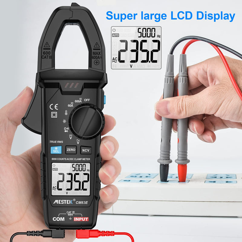 [Australia - AusPower] - MESTEK Digital Clamp Meter Multimeter T-RMS 6000 Counts, AC/DC Current and AC/DC Voltage Tester with Amp, Volt, Ohm, Temperature, Continuity, Diode and Resistance Test, Auto-ranging Black New 