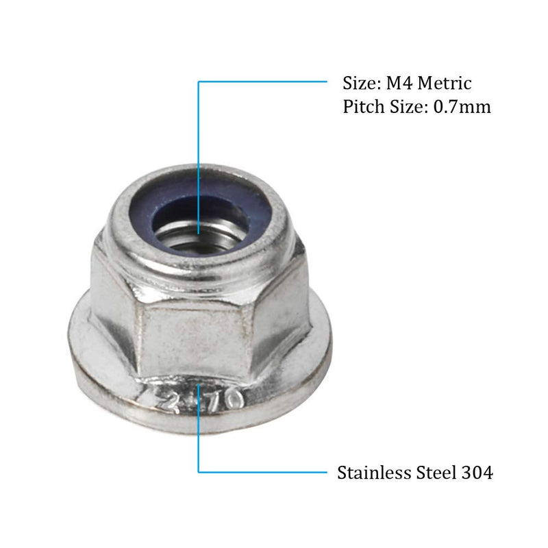 Set of 25 M4 stainless steel nylon insert lock nuts with hex flange, bright finish, DIN 6926 standard by MewuDecor