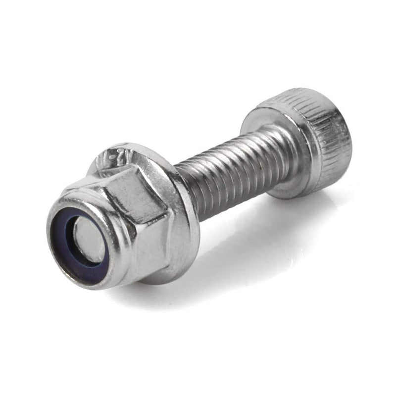 Set of 25 stainless steel M4 locknuts with nylon insert, hex flange, bright finish, DIN 6926, MewuDecor brand.