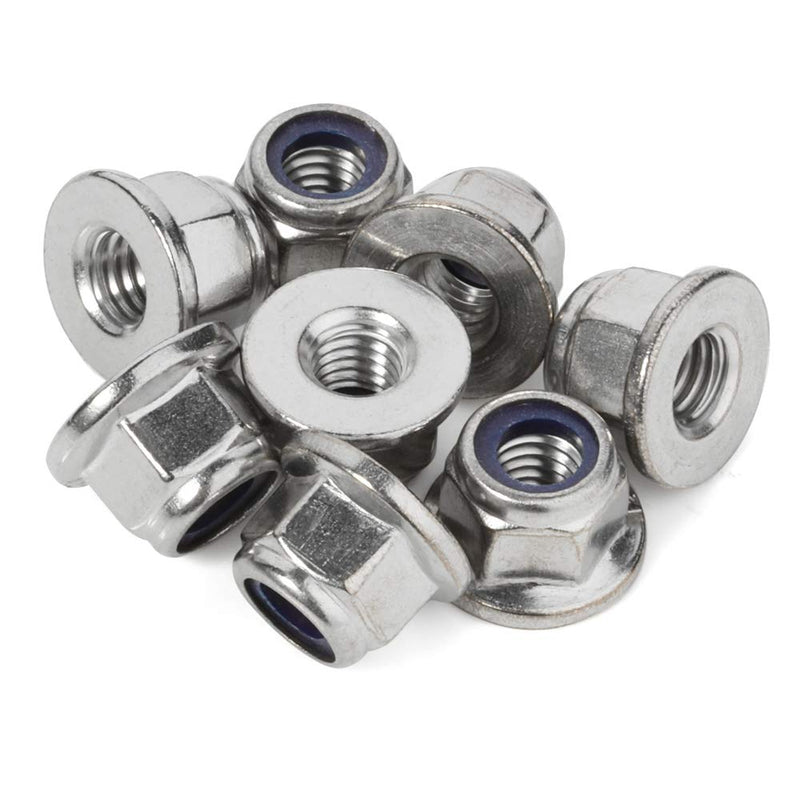 Set of 25 MewuDecor M4 stainless steel hex flange nylon insert lock nuts with bright finish, DIN 6926, 18-8 (304) steel.