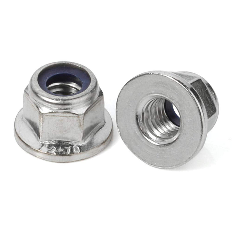 Set of 25 MewuDecor stainless steel M4-0.7 hex flange nylon insert lock nuts with bright finish, DIN 6926, 18-8 (304) steel.