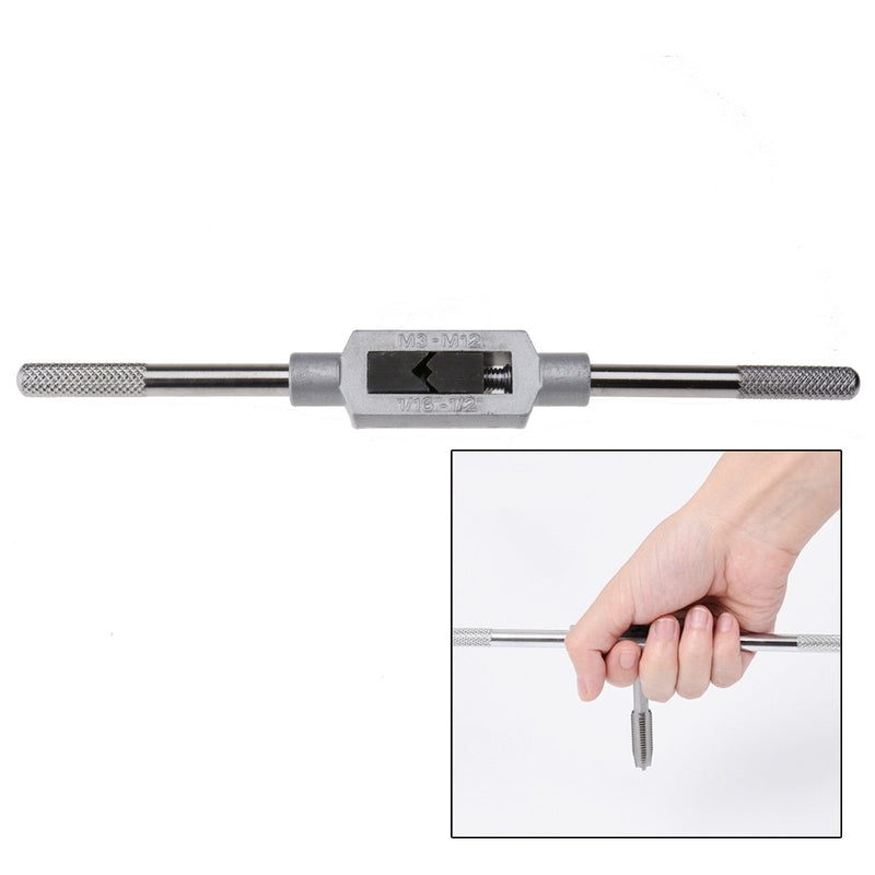 Micro Trader adjustable tap reamer and tapping wrench tool with handle, showing capacity from M3 to M12, compact size.