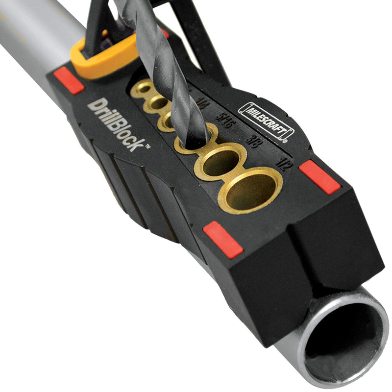 Milescraft 1312 DrillBlock handheld drill guide for precise drilling, part of Milescraft tool sets, shown in use.