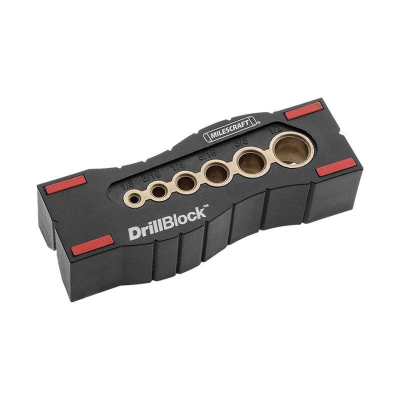 Milescraft 1312 DrillBlock handheld drill guide set for precise drilling, featuring a durable plastic construction and adjustable guides.