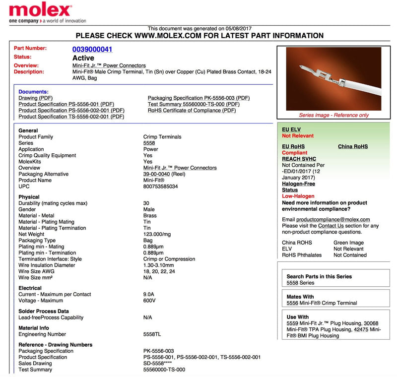 [Australia - AusPower] - Molex 6 Circuit Wire Connector - 5 Complete Conn. w/Pins Mini-Fit Jr 