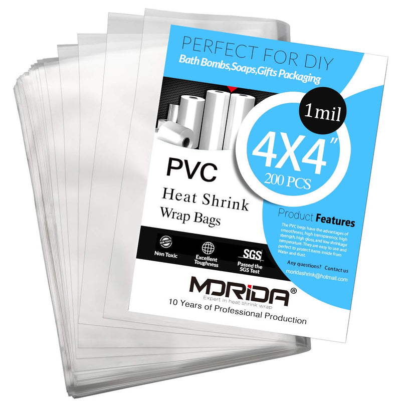 [Australia - AusPower] - MORIDA 200 pcs 4x4 inch PVC Clear Heat Shrink Wrap Bags Film Bags for Small Gifts Bottles Soap Bath Bombs Candles DIY Handmade Crafts Packaging 4x4inch(200pcs) 