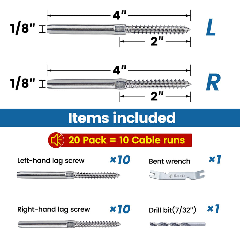 [Australia - AusPower] - Muzata 300ft 1/8" Wire Rope T316 Stainless Steel WR02 Bundle with 20Pack 1/8" Swage Lag Screws Left & Right CK17 