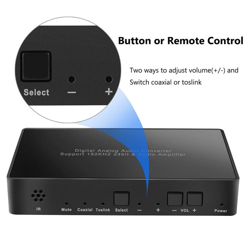 [Australia - AusPower] - Digital to Analog Audio Converter with Remote, 192KHz/24bit Digital Coaxial Toslink to Analog L/R RCA 3.5mm Audio with Both Toslink Cable and Coaxial Cable 