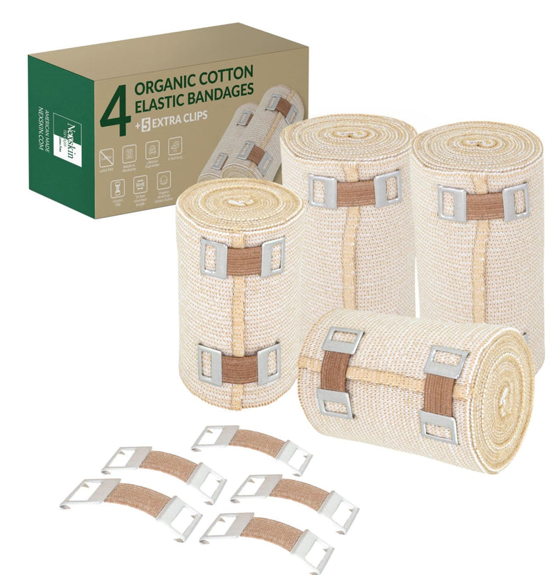 [Australia - AusPower] - NEXSKIN | Latex Free | American Organic Cotton Elastic Bandage | Set of Two 4 inch & Two 3 inch Wraps | Clip Closure | Washable Reusable 