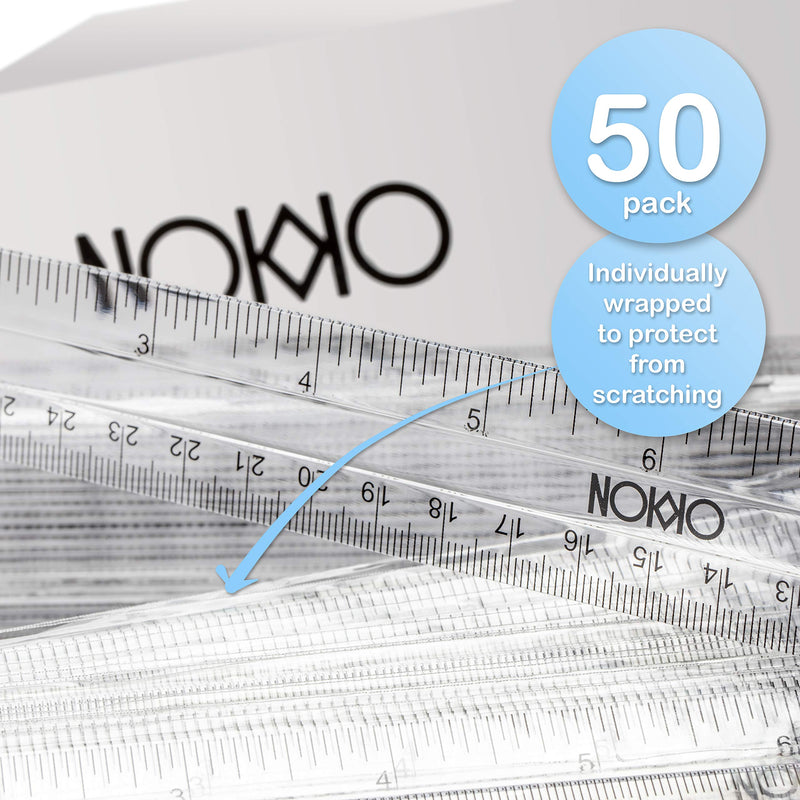 [Australia - AusPower] - NOKKO Clear Plastic Rulers Bulk 50 Piece Pack - Transparent 12 Inch / 30 Centimeter Ruler Class Set - Easy to Read School and Office Supplies for Kids, Students, Teachers and Artists 