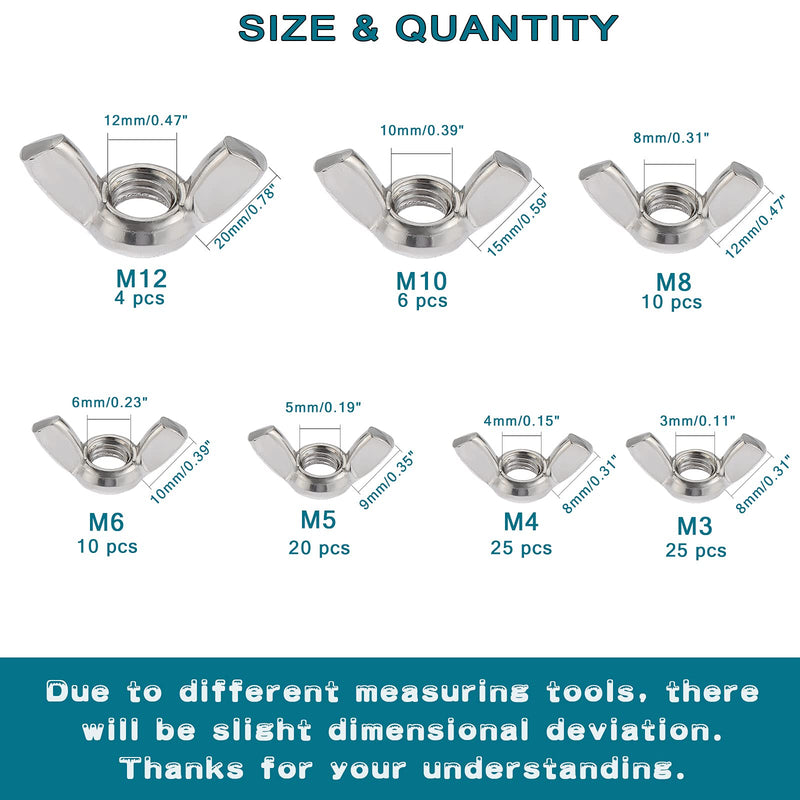 [Australia - AusPower] - OCR 100Pcs 7Sizes Butterfly Wing Nuts Assortment Kit, M3 M4 M5 M6 M8 M10 Sizes Stainless Steel Wing Nuts Fasteners 