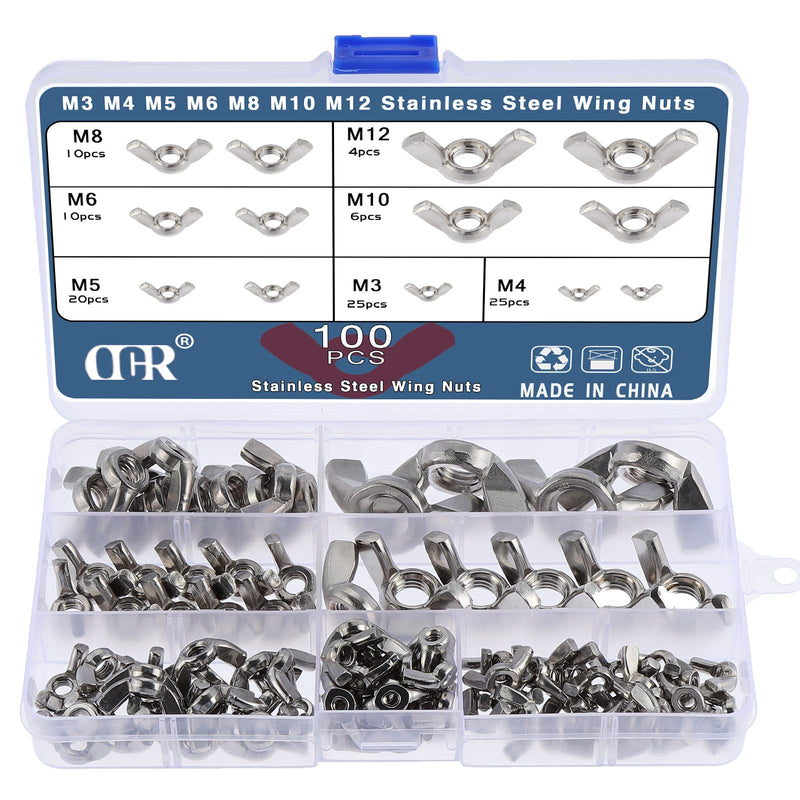 [Australia - AusPower] - OCR 100Pcs 7Sizes Butterfly Wing Nuts Assortment Kit, M3 M4 M5 M6 M8 M10 Sizes Stainless Steel Wing Nuts Fasteners 