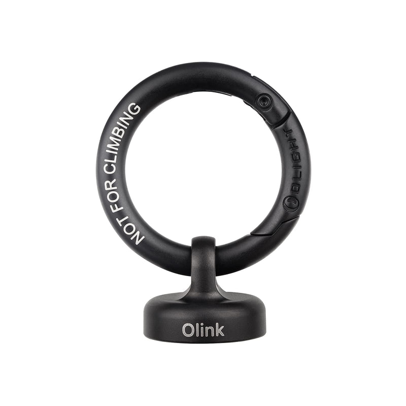 OLIGHT OLINK portable magnetic hook in black, stainless steel carabiner-style ring, compatible with Olight flashlights and Obulb series.