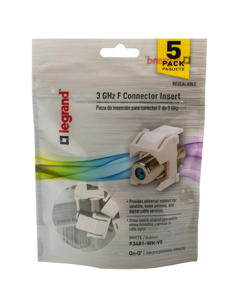 [Australia - AusPower] - Legrand - OnQ Recessed Keystone Coax Insert, F Keystone Connector, 3GHz Keystone F-81 Coupler, Nickel, White, 5 Pack, F3481WHV5 Pack of 5 