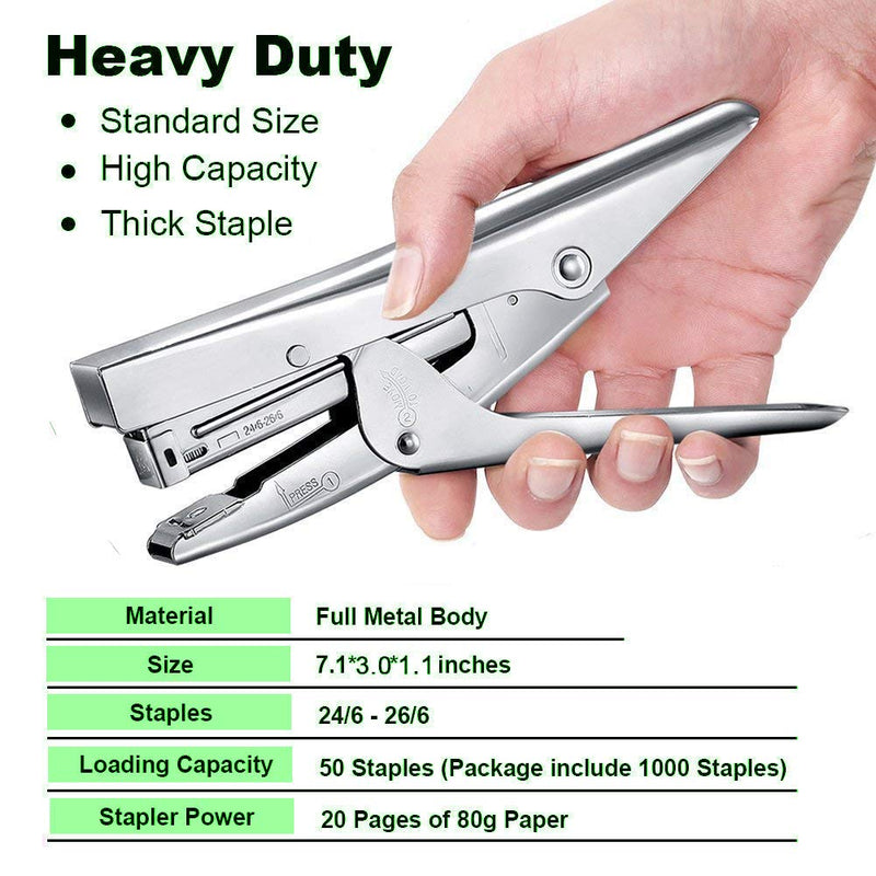 [Australia - AusPower] - ONDY Plier Stapler Heavy Duty Office Stapler Hand Held 20-Sheet Stapler Papers Stapling Machine with 1000 Staples and Staple Remover Tool, Silver 