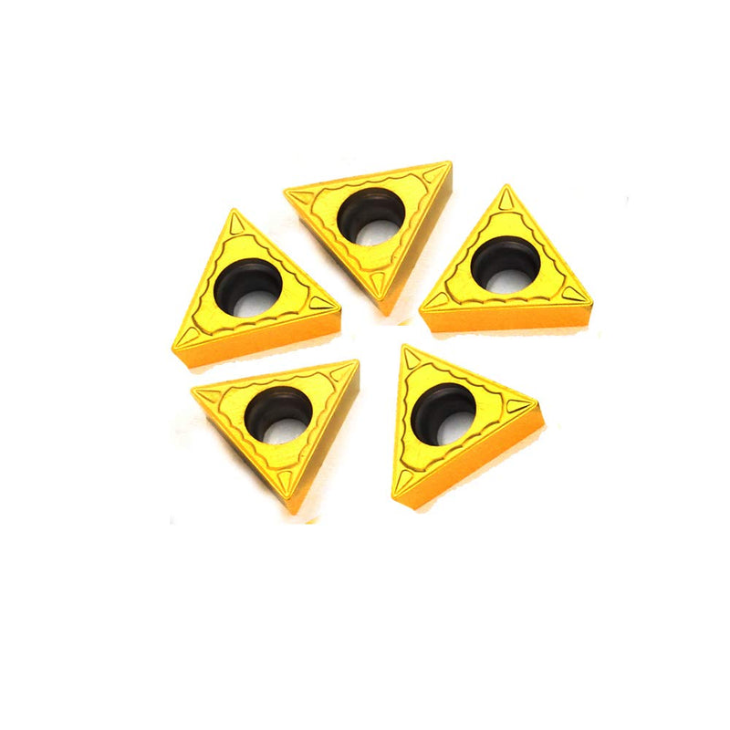 Set of five OSCARBIDE TCMT16T304 carbide turning inserts for CNC lathe turning, displayed with their sharp cutting edges and holder.