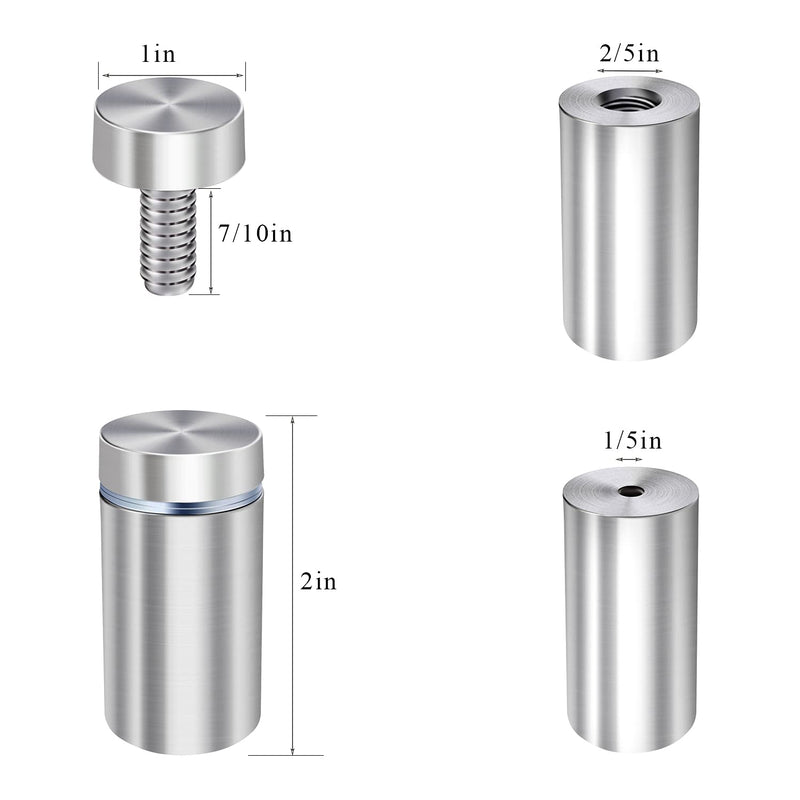 Set of 8 Osring stainless steel wall standoffs, 1 inch diameter by 2 inches long, brushed nickel finish for acrylic signs and displays.