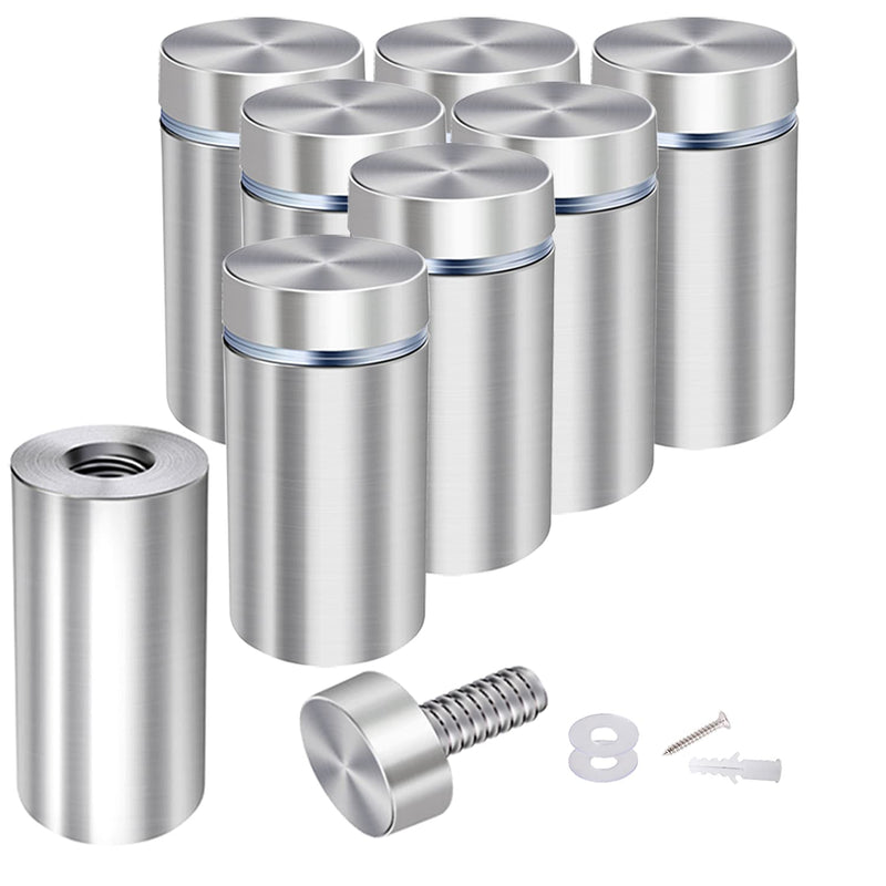 Set of eight Osring stainless steel wall standoffs, 1 inch diameter and 2 inches long, for acrylic signs and display hardware.