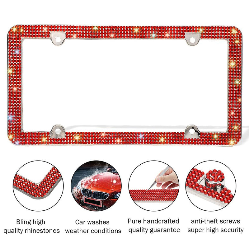 [Australia - AusPower] - Otostar Bling License Plate Frame, Handcrafted 4 Rows Shiny Rhinestones Stainless Steel 4 Holes License Plate Frame with Anti-Theft Screws Caps Set (Red, 1 Pack) Red 