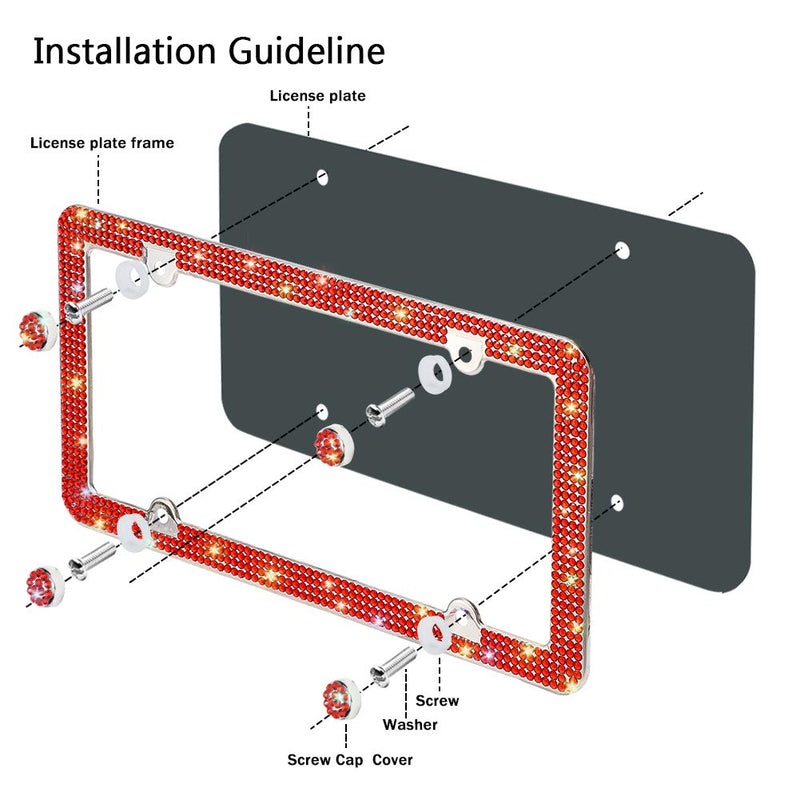 [Australia - AusPower] - Otostar Bling License Plate Frame, Handcrafted 4 Rows Shiny Rhinestones Stainless Steel 4 Holes License Plate Frame with Anti-Theft Screws Caps Set (Red, 1 Pack) Red 