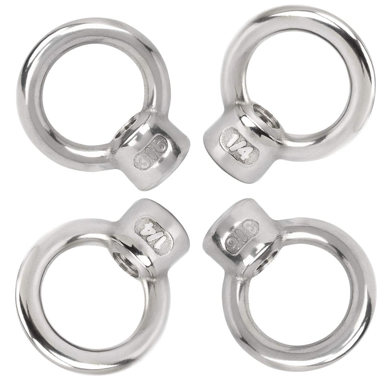 [Australia - AusPower] - PAGOW 4 Pieces Stainless Steel 316 Lifting Eye Nut, 1/4" UNC Heavy Duty Marine Grade, Hardware Ring Shaped Eye Bolt 