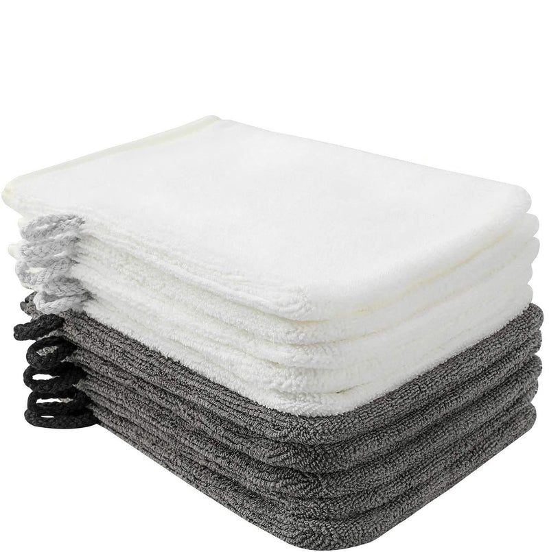 [Australia - AusPower] - PHOGARY 10 Pack Microfiber Body Wash Mitts, Soft Face Mitten, Bath Spa Cloth, Reusable Makeup Remover Mitt Gloves, European Style Wash Cloth,6×8inch, White and Grey 
