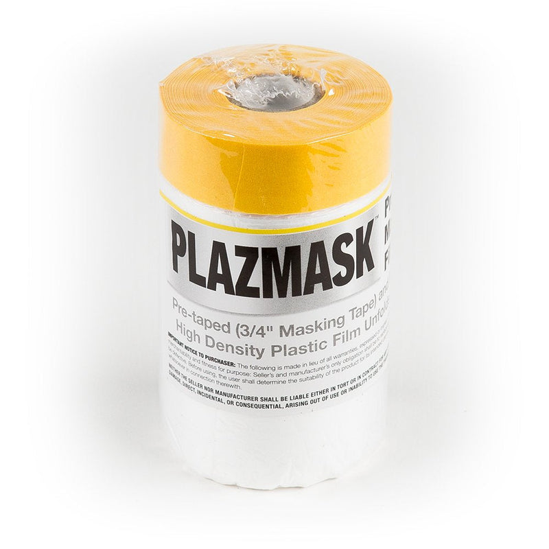 PlazMask pre-taped masking film, 2 feet by 65 feet, used for painting and surface protection with masking tape.
