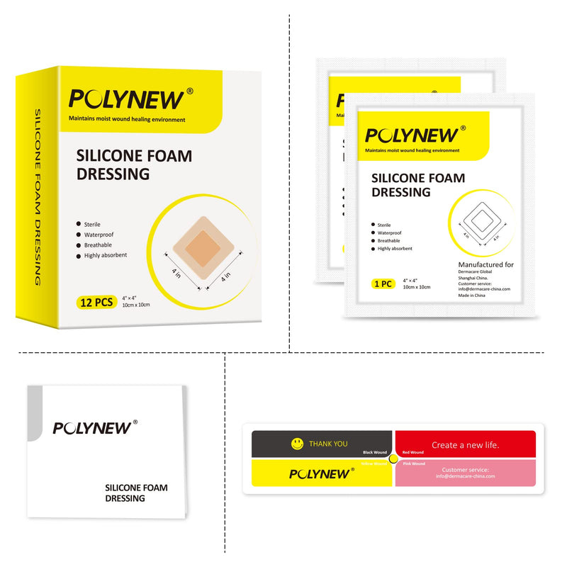 [Australia - AusPower] - Polynew Silicone Foam Dressing with Border, Adhesive 4"x4" Waterproof Wound Dressing Bandage for Wound Care 12 Packs 