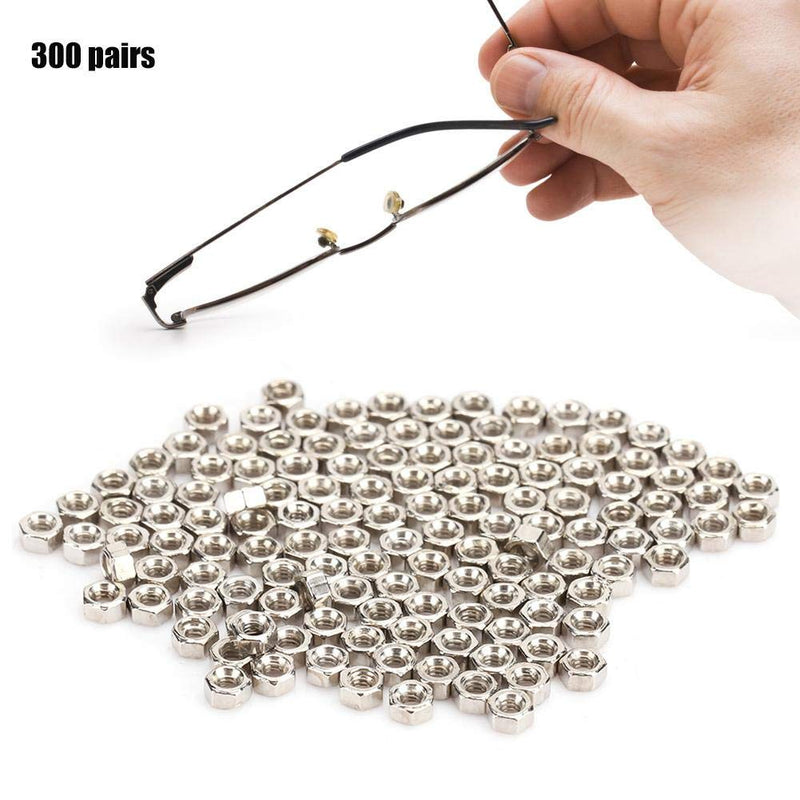 [Australia - AusPower] - 300 Pairs Rimless Glasses Screw, Hex Nuts 1.4 Nut Cap Eyeglasses Repairing Parts, Stainless Steel Sunglass Repair Tool 