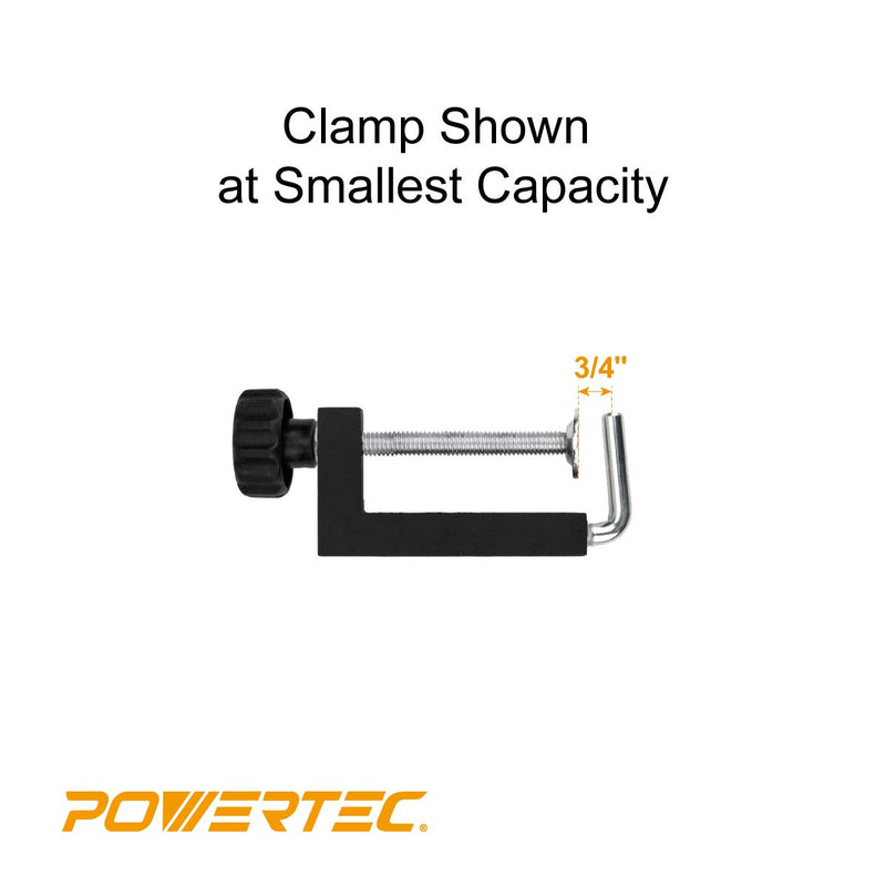 Two POWERTEC 71004 universal fence clamps, C-clamps for woodworking and workshop projects, shown in black with metal screw mechanisms.