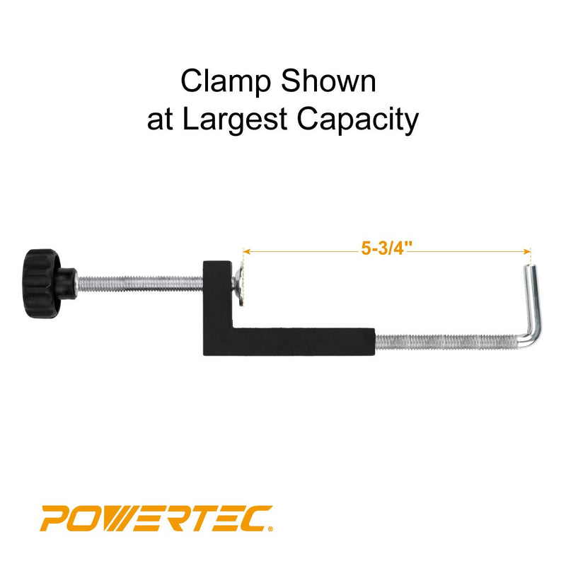 Two POWERTEC C-Clamps, universal fence clamps in a 2-pack, used for securing woodworking fences and jigs.
